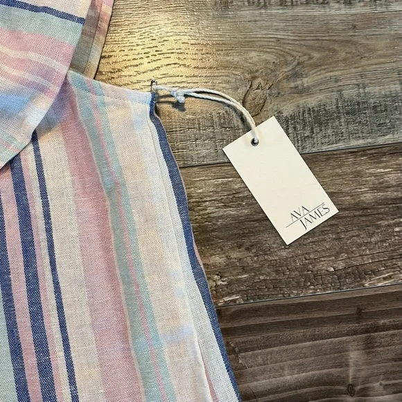 Ava James NWT Linen Blend Off The Shoulder Blouse Sz M Pastel Striped Pink Blue - Picture 6 of 10